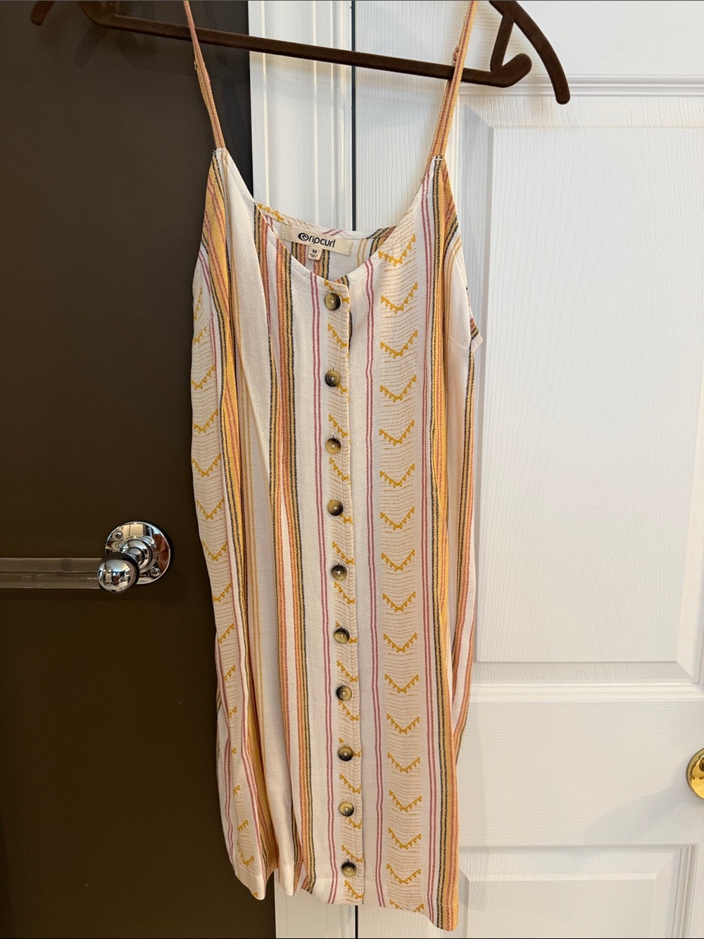 Rip Curl Striped Button-Front Cami Mini Dress in Cream, Pink and Yellow